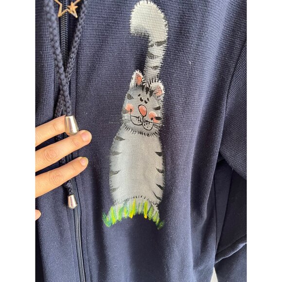220 Hikory vintage cat and bee print zip-up sweater waffle knit size MEDIUM - Picture 5 of 8